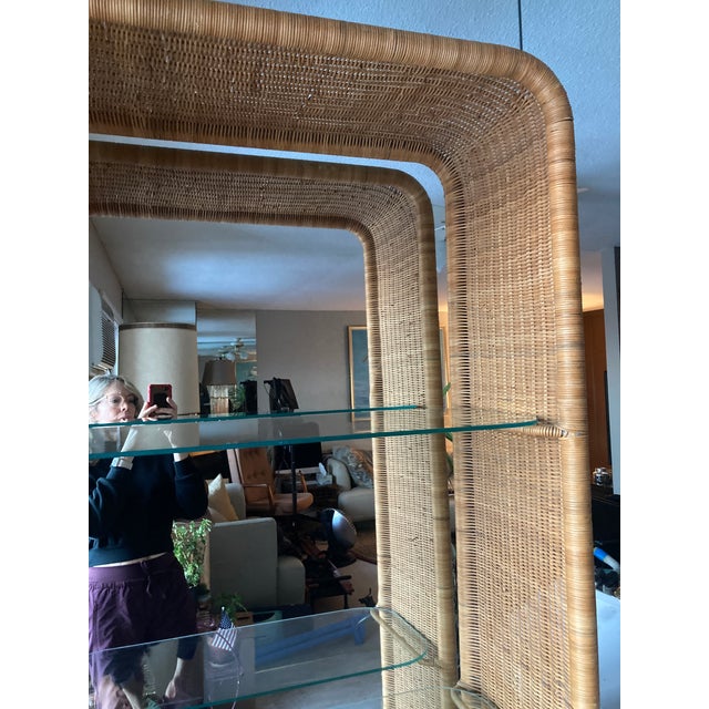 1950s Vintage Wicker Frame & Glass Shelves Etagere Designed by Louis