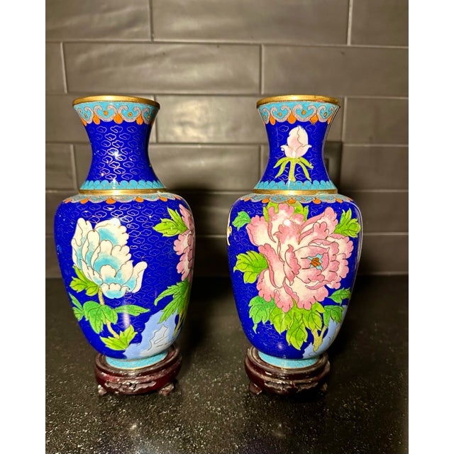 2 Beautiful Vintage Blue Chinese Cloisonné Vases With Floral Motifs on Wooden Stands For Sale - Image 4 of 6