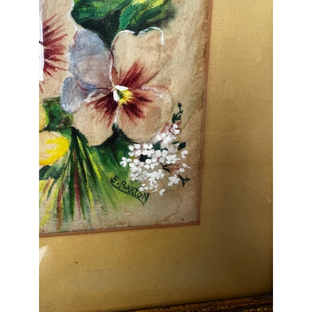 Shabby Chic Signed E. Barton Spring Floral Artwork With Pansies and Daffodils in Green and Gold Frame For Sale - Image 3 of 6