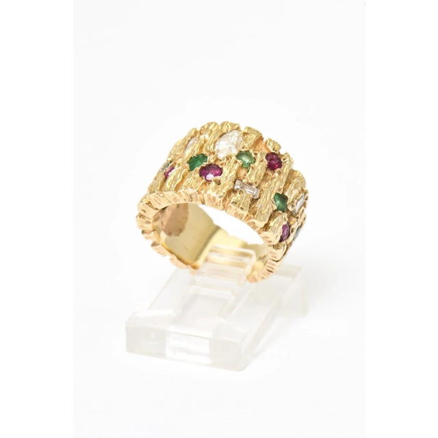 Modern Modernist Diamond, Ruby, Emerald and Sapphire Gold Ring size 4 For Sale - Image 3 of 8