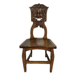 Late 19th Century Green Man North Wind Black Forest Style Hand Carved Quarter Sawn Oak Chair For Sale