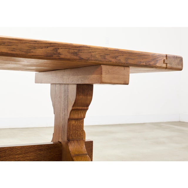 French Provincial Country Oak Trestle Farmhouse Dining Table 7Ft For Sale - Image 9 of 18