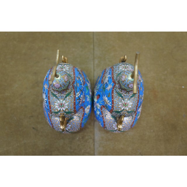 Antique Chinese Champleve Cloisonne Double Gourd Turquoise Mantel Vases Urns 12" For Sale - Image 13 of 17