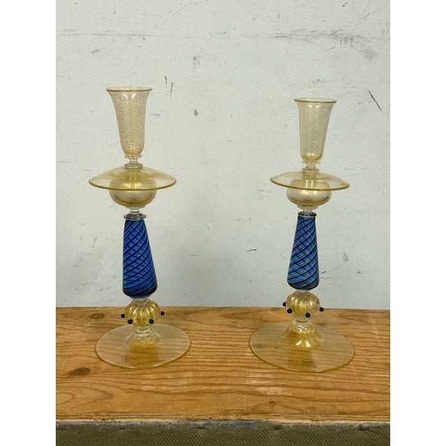 Glass La Fenice Murano Glass Filigrana Candle Holders, Pair For Sale - Image 7 of 13