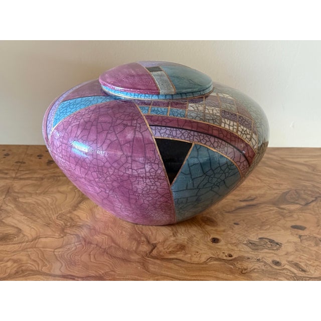 1998 Postmodern Mindy Brunn Handmade Geometric Signed and Dated Raku Ceramic 10" Centerpiece Lidded Vessel / Art Pottery For Sale - Image 14 of 18