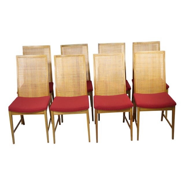 Mid-Century Modern Walnut Wicker Dining Chairs by Dillingham, 1960s, Set of 8 For Sale