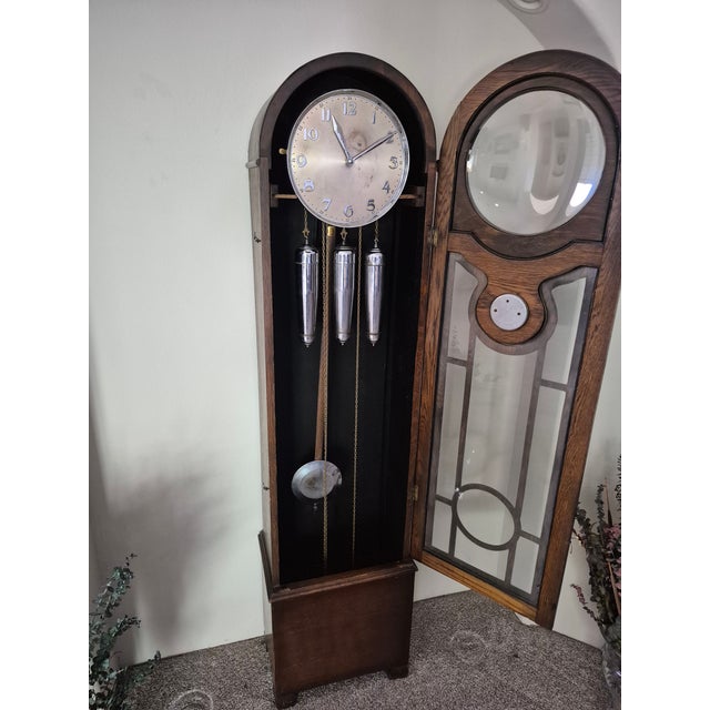 Vintage 1930s Antique Oak Chiming Longcase Barometer Clock For Sale - Image 4 of 8