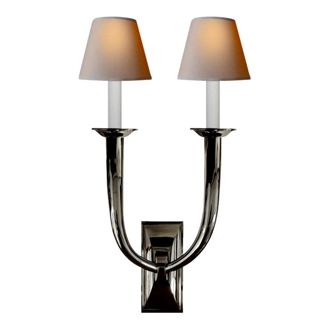 Visual Comfort Signature French Deco Horn Double Sconce in Polished Nickel with Natural Paper Shades For Sale