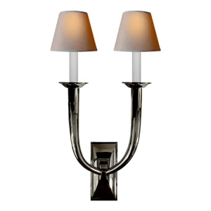 Visual Comfort Signature French Deco Horn Double Sconce in Polished Nickel with Natural Paper Shades