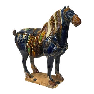 Oriental Ceramic Sancai Dark Blue Brown Beige Fengshui Artistic Horse Figure For Sale