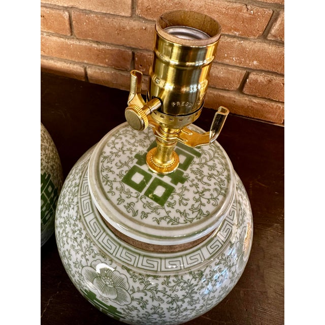 Pair of Celadon "Double Happiness" Ginger Jar Lamps and Linen Box Pleat Shades For Sale - Image 4 of 10