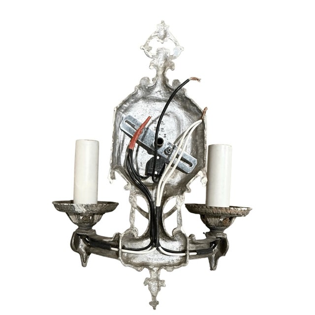 Metal Vintage Art Deco Style Two Arm Metal Wired Wall Sconce For Sale - Image 7 of 10