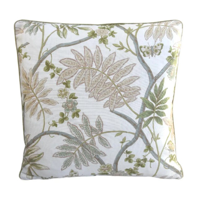 Custom-tailored pillow in Cowtan & Tout's Fontages botanical floral linen pillow depicting a striking botanical floral...