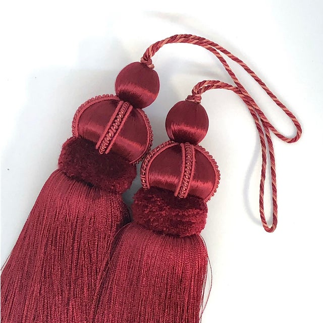 Pair of Ruby Red Key Tassels With Satin and Cut Velvet Details For Sale - Image 9 of 15