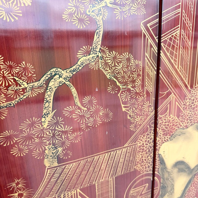Wood Chinese Six-Panel Red and Gold Lacquered Folding Screen/Room Divider For Sale - Image 7 of 12