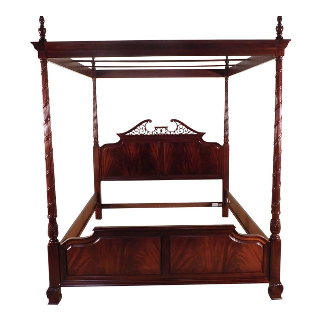 1990s Chippendale Thomasville King Size Flame Mahogany Canopy Bed