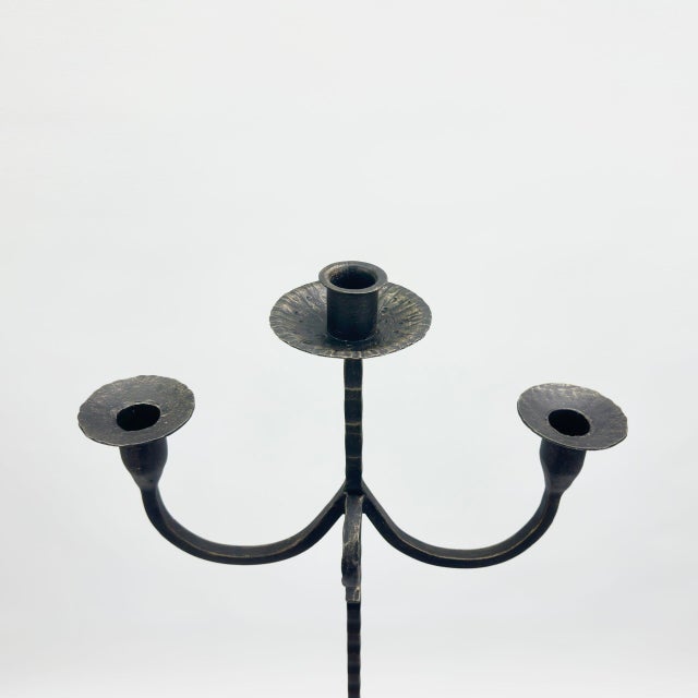 Hand Forged Iron Floor Candelabra 49″ (124cm) Antique Copper or Gold Patina 3-Arm Twist Stem Candle Holder Rustic Decor For Sale - Image 9 of 11