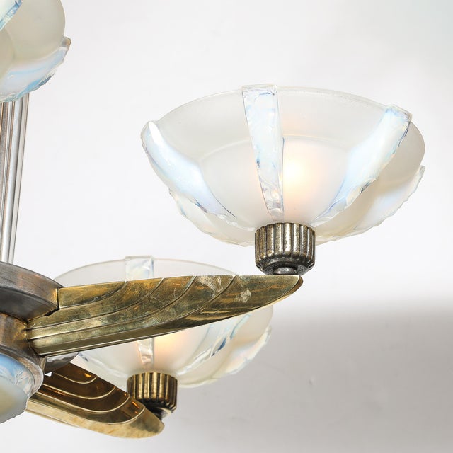 Brass Art Deco Brass Petitot Chandelier W/ Glass Rods & Opalescent Glass Shades For Sale - Image 8 of 18
