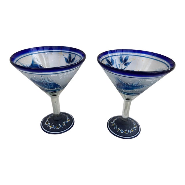 El Palomar Hand Painted Hummingbird Print Margarita Glasses - Set of 2 For Sale