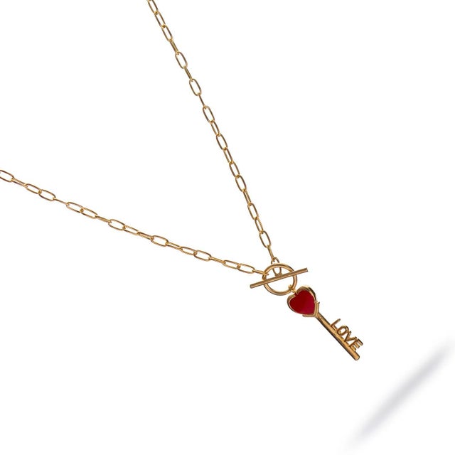 Metal Key to Love Red Enamel Gold Necklace For Sale - Image 7 of 9
