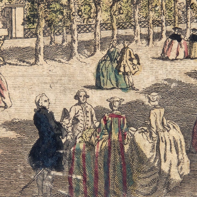 Beige Antique Vauxhall Gardens “Grand Walk” Hand-Colored Engraving, 18th Century London, Framed For Sale - Image 8 of 10
