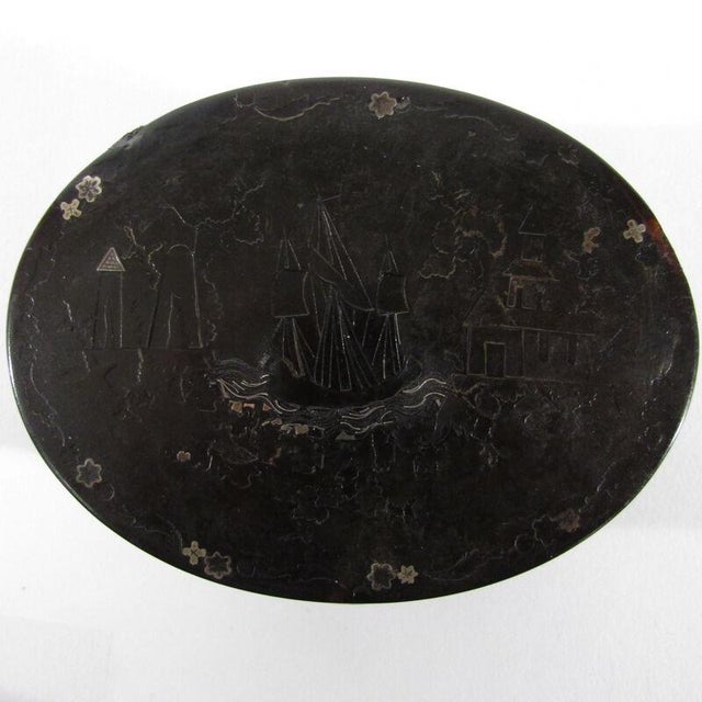 Antique Georgian Period French Silver Mounted Faux Tortoiseshell Snuff Box, 18th C. France. Of oval form, the surface of...