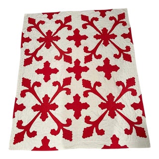 Vintage Hand Stitched Red & White Fleur De Lis Quilt For Sale