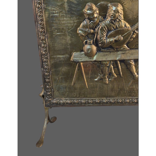 Metal Antique Stamped Repousse Brass Figural Tavern Scene Fireplace Screen For Sale - Image 7 of 13