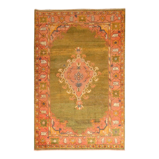 Antique Zabihi Collection Green Turkish Oushak Rug For Sale