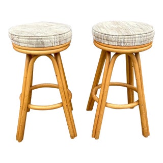 Vintage Bamboo Rattan Swivel Bar Stools - Pair For Sale