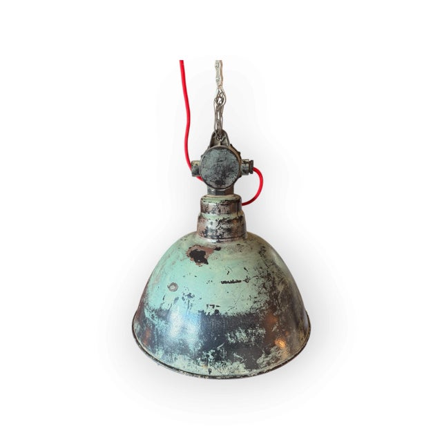 Industrial Industrial Pendant Lamp with Enamel Shade and Cast Housing attributed to VEB Leuchtenbau Leipzig, 1960s For Sale - Image 3 of 9
