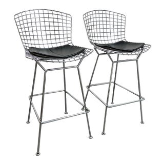 Knoll Studios Harry Bertoia Wire Bar Stools + Black Leather Pads, Pair For Sale