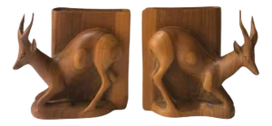 Rustic Giselle Stag Buck Animal Wood Bookends From Sweden - a Pair