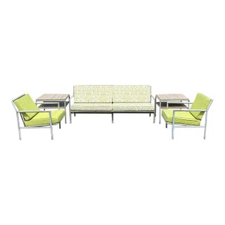 1970s Hauser Hollywood Regency Faux Bamboo Aluminum Metal Patio Sofa, Chairs, & Table, 5 Pieces For Sale