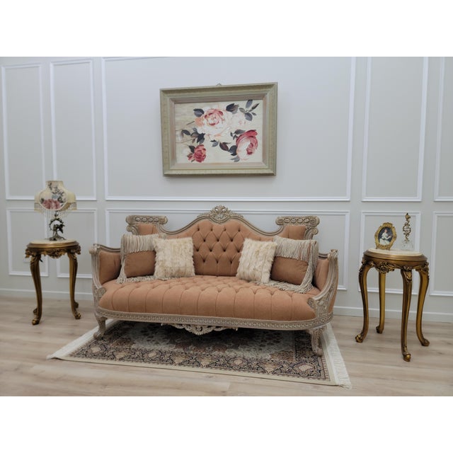 French Vintage French Rococo Sofa – Tufted Louis XV Style Couch in Textured Linen Fabric, Ornate Carved Wood Settee, Warm Terracotta For Sale - Image 3 of 11