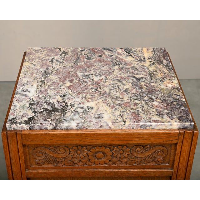 French Art Deco Nightstands in Oak and Marble, 1930s, Set of 2 For Sale - Image 9 of 18