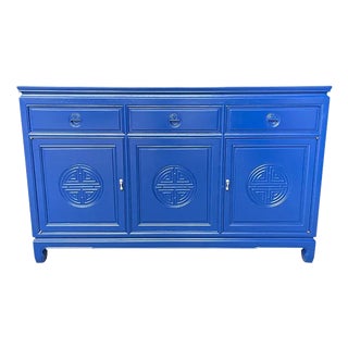 1960s Electric Blue High Glass 2 Door 3 Drawer Vintage Buffet For Sale
