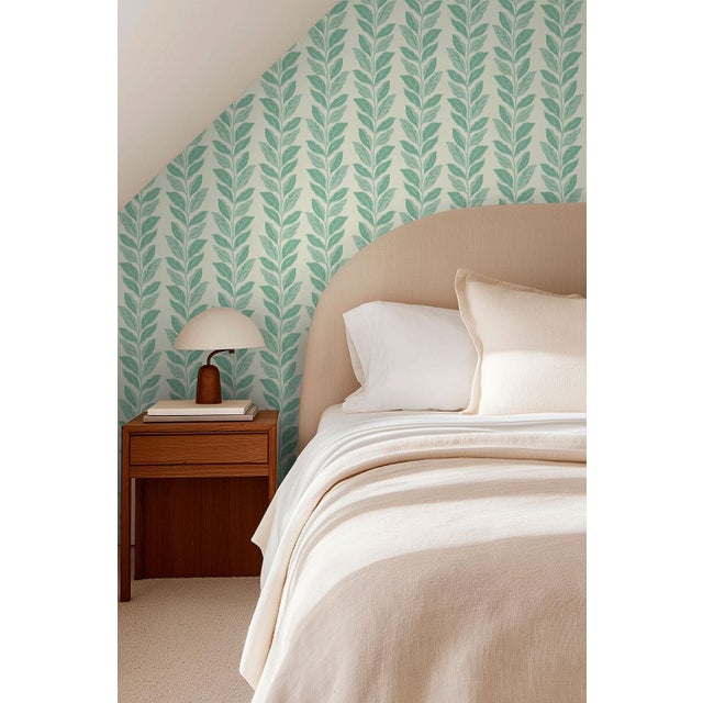 Traditional Garden Leaf Stripe Grasscloth Wallpaper by House Party | Sage & Mint Green | 8 Yards For Sale - Image 3 of 7