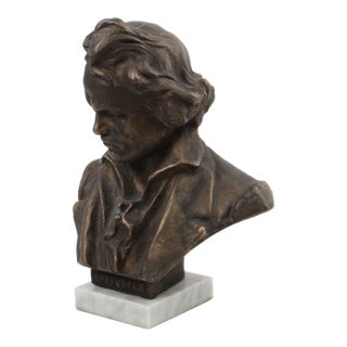 Vintage Ludwig Van Beethoven Bronze Bust Statue Marble Base Sculpture Classic For Sale