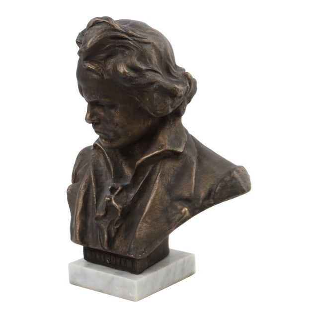 Vintage Ludwig Van Beethoven Bronze Bust Statue Marble Base Sculpture Classic For Sale
