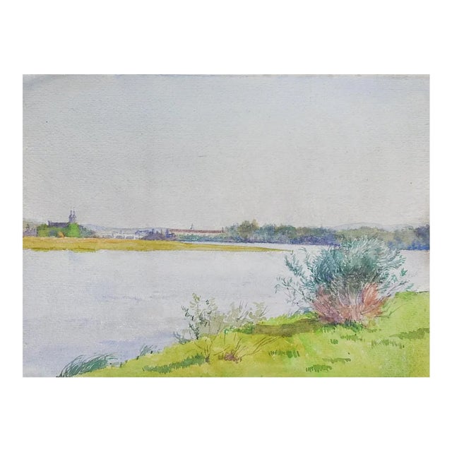 Late 19th Century French Plein Air River Landscape Watercolor Painting For Sale