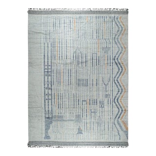 9x12 Gray Hand-Knotted Wool Linear Tribal Motifs Modern Carpet Rug For Sale