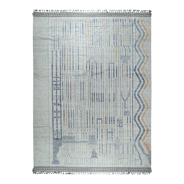 9x12 Gray Hand-Knotted Wool Linear Tribal Motifs Modern Carpet Rug For Sale
