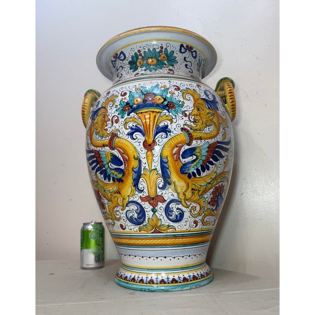 Italian Monumental Antique Handmade Italian Majolica Painted Terracotta Gp Pottery Vase For Sale - Image 3 of 17