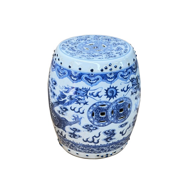 10" Chinese Blue White Porcelain Double Dragons Round Shape Stand Display Art For Sale - Image 9 of 18