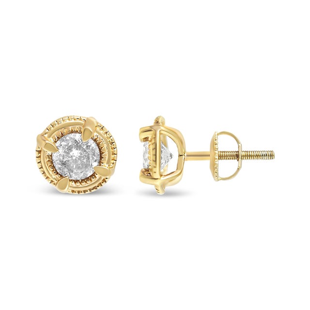 Contemporary 14K Yellow Gold Plated .925 Sterling Silver 1-1/2 Cttw Round Brilliant Cut Diamond Solitaire Milgrain Stud Earrings (K-L Color, I2-I3 Clarity) For Sale - Image 3 of 6
