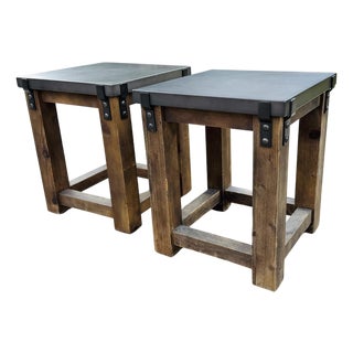 Restoration Hardware Rh Reclaimed Wood & Aged Zinc Strap Side Tables – Rustic Industrial Farmhouse Accent Tables For Sale