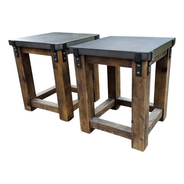 Restoration Hardware Rh Reclaimed Wood & Aged Zinc Strap Side Tables – Rustic Industrial Farmhouse Accent Tables For Sale