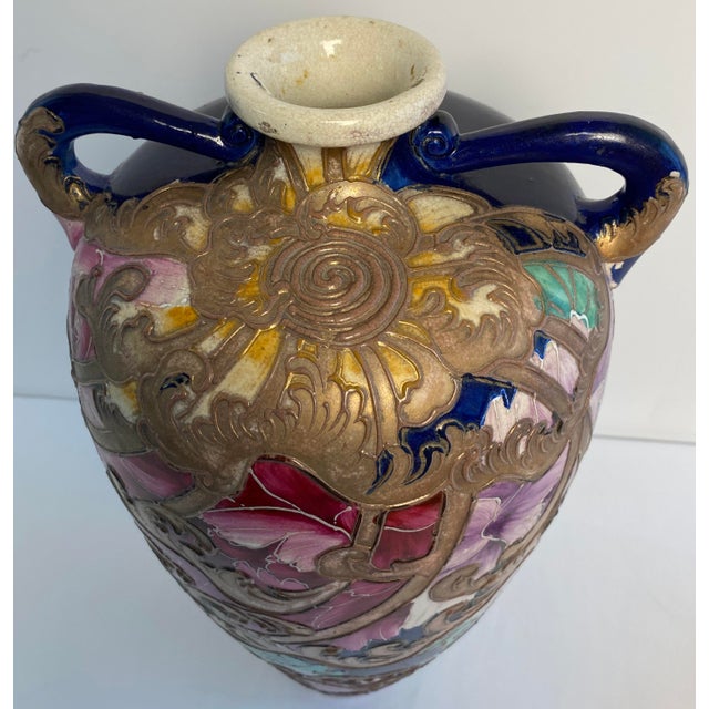 Ceramic Antique Japanese Satsuma Style Moriage Cobalt Blue Floral Double Handle Vase For Sale - Image 7 of 9