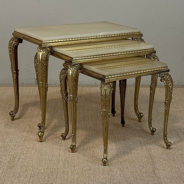 Set of Three Mid-Century French Louis XV Style Brass and Onyx Nesting Tables For Sale - Image 18 of 18